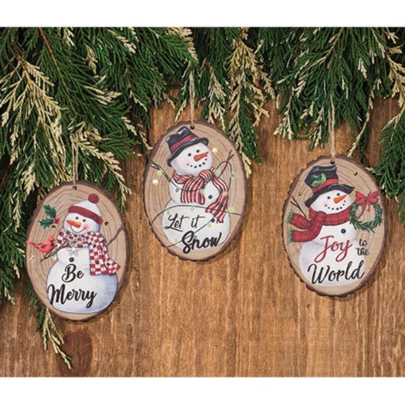 Multi-Color Wood Snowman Ornaments with LED Lights and Jute Hanger, 3 Asstd. - 3.50 x 0.25 x 4.75 in.