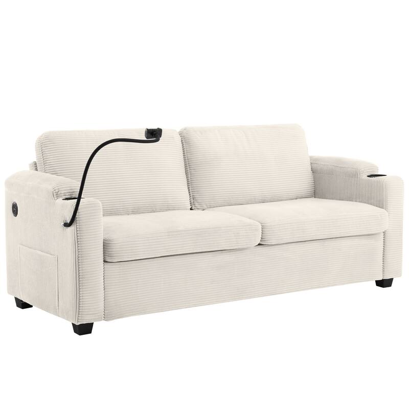 72.8" Corduroy Sleeper Sofa with Full Size Mattress and USB Ports, Loveseat Sofa with Cup Holders and Side Pockets