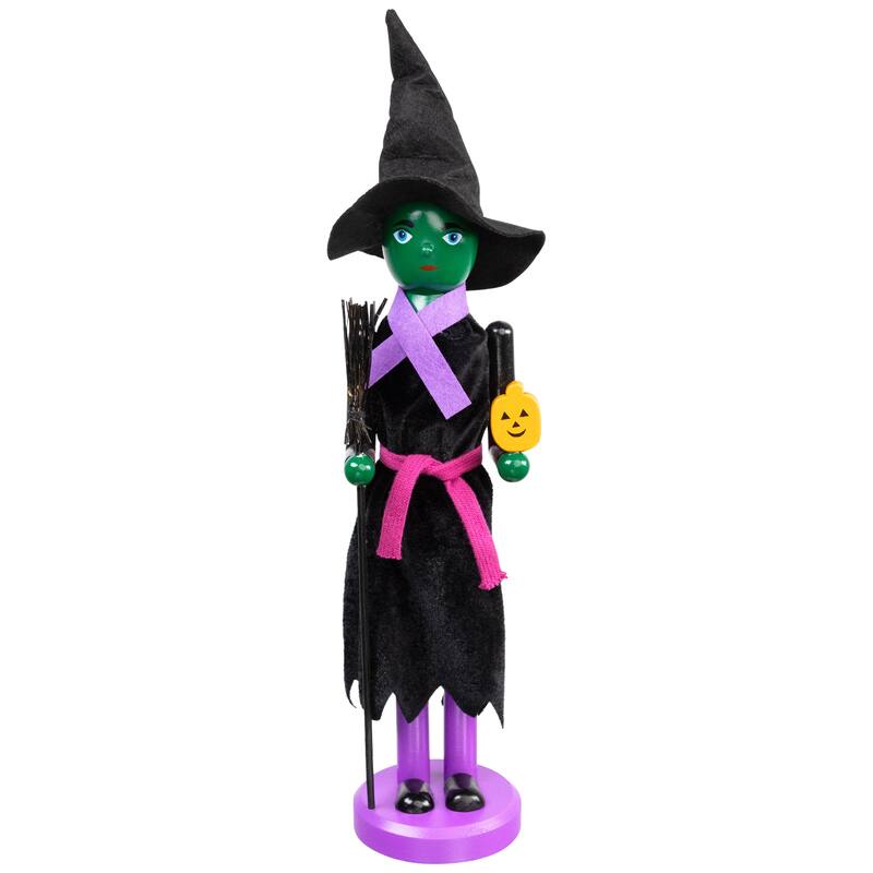 14" Black Green Witch Jack-O-Lantern Halloween Nutcracker with Broom