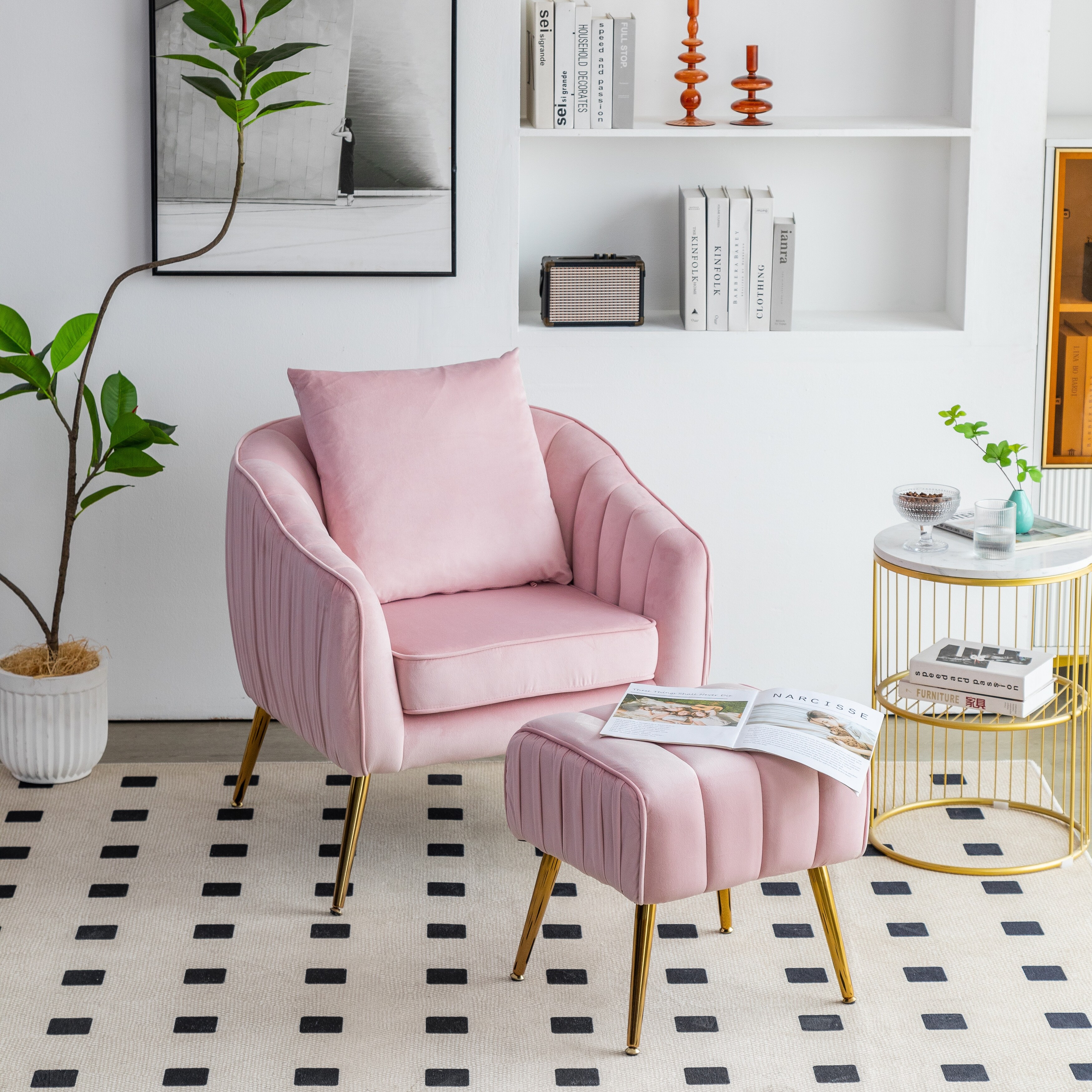 Velvet Accent Chair Modern Barrel Chair with Ottoman Arm Pub Chair for Living Room Bedroom Nail Salon Blush Pink