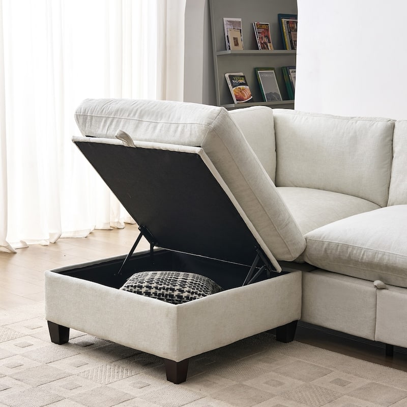 96.5" L-Shaped Chenille Sectional Sofa with Storage and Movable Ottoman