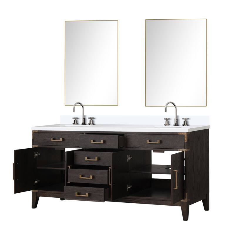 Laurel 60 in W x 22 in D Black Oak Double Bath Vanity, White Quartz Top, Faucet Set, and 28 in Mirrors
