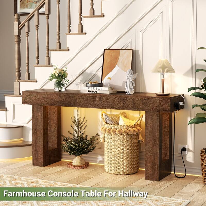 63'' Console Table with Motion Sensor Light and Charging Station, Modern Farmhouse Entryway Table