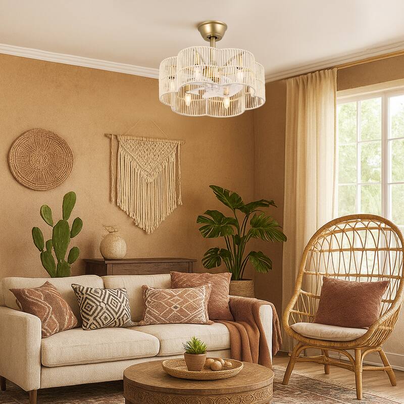 GetLedel 19.7" Woven Scalloped Rattan Ceiling Fan with Remote and Light