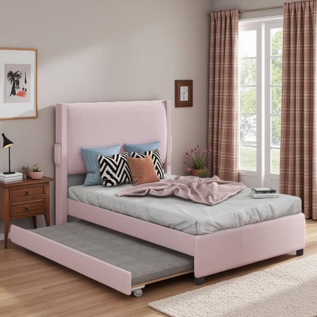 Twin Size Upholstered Bed Frame with Pull-Out Trundle, Boucle Fabric, Built-in USB & Type-C Ports, Side Storage Pocket