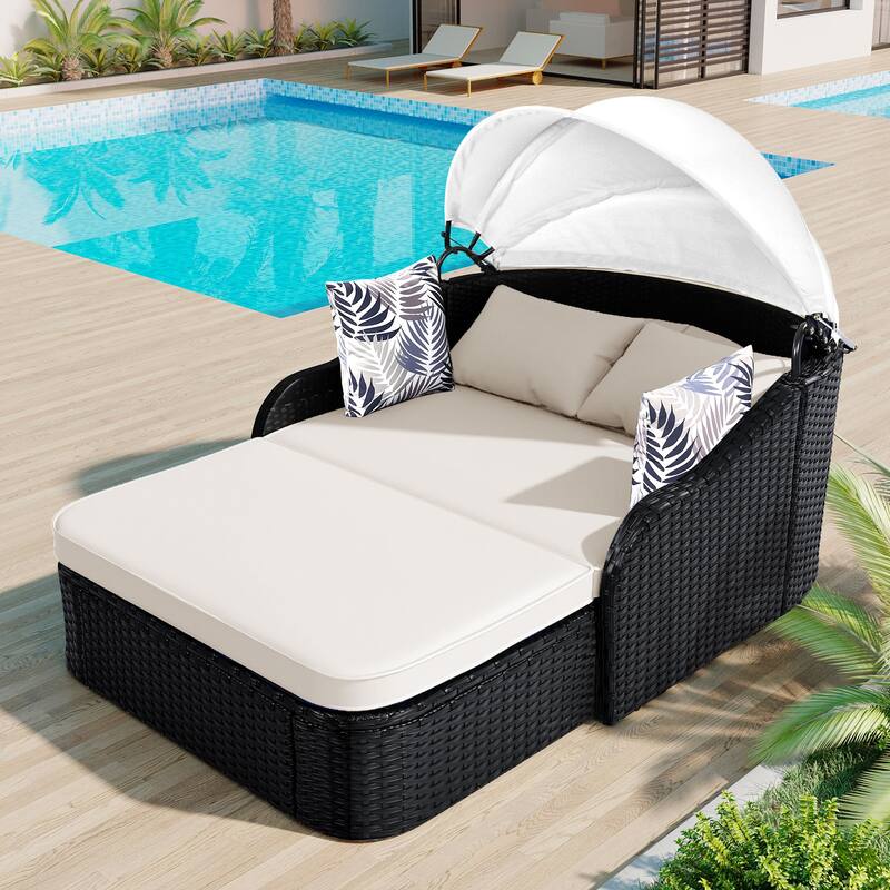 Outdoor Sunbed with Adjustable Canopy - Rattan Double Lounge Daybed 4 Pillows, and Cushions for Patio, Deck, or Garden - Beige+Black