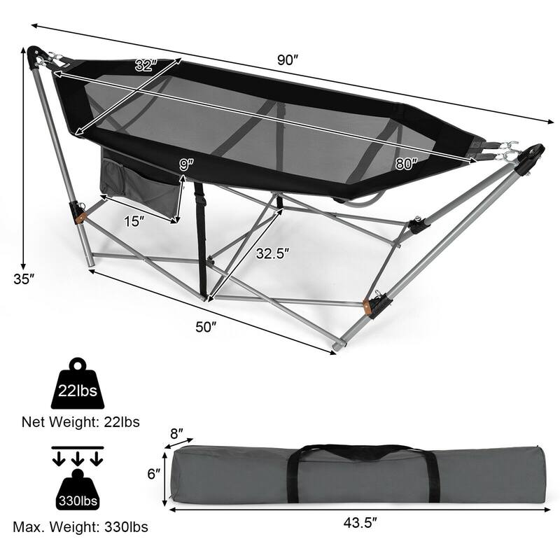 Gymax Folding Hammock Indoor & Outdoor Hammock with Side Pocket & Iron