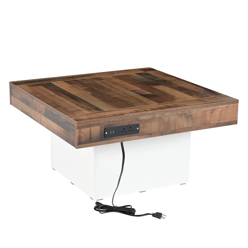 Roomfitters Square Farmhouse Coffee Table with Built-in Charging Station, Wood Grain Center Table with USB and Outlets