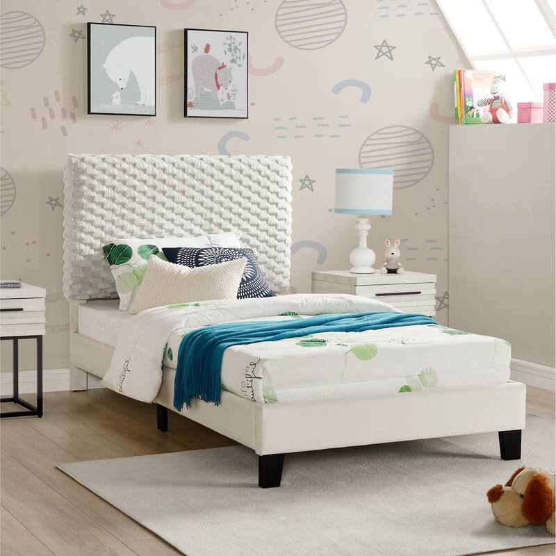 Twin Size Platform Bed with Adjustable Headboard And withe Dove Luxury Fabric - Off White