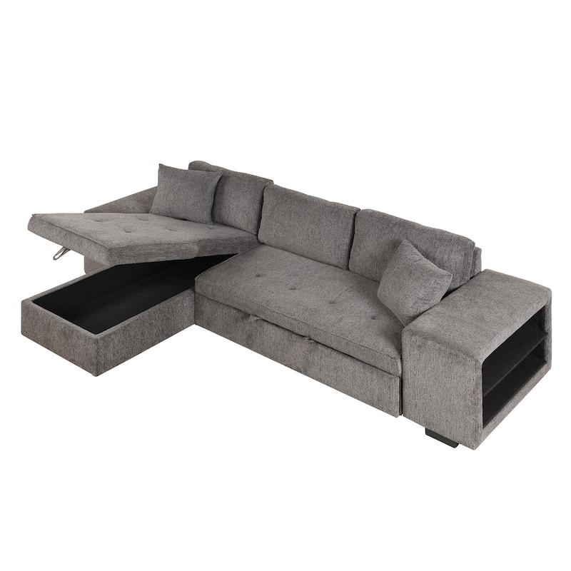 104.5" Linen L-Shaped Sectional Sofa Bed with Stools