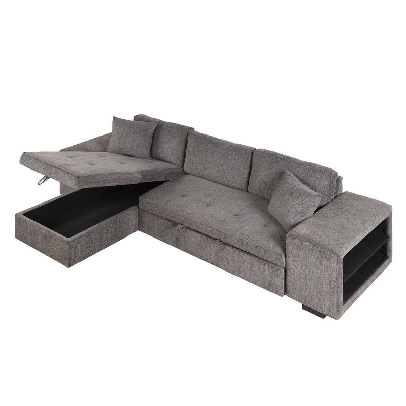 Convertible Sleeper Sectional Sofa, Reversible Sofa with Pull-Out Bed, Storage Chaise & 2 Stools, Linen Upholstered 4 Seat Sofa