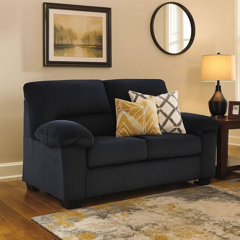 Simy Loveseat, 63 Inch Black Polyester Corduroy, Pillow Top Arms