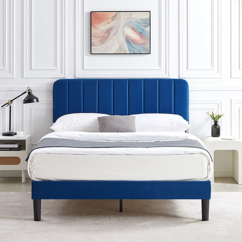 Javlergo Upholstered Adjustable Headboard Velvet Platform Bed Quiet Heavy-Duty Bed Frame No Box Spring Needed