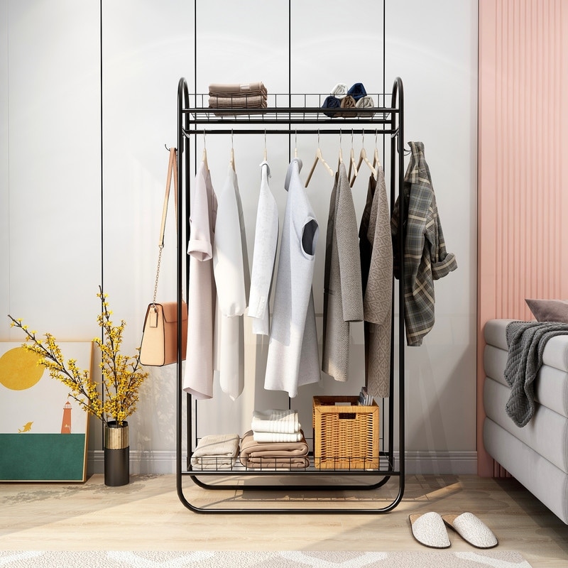 Freestanding Heavy Duty Metal Rolling Garment Rack with Double Shelves, Portable