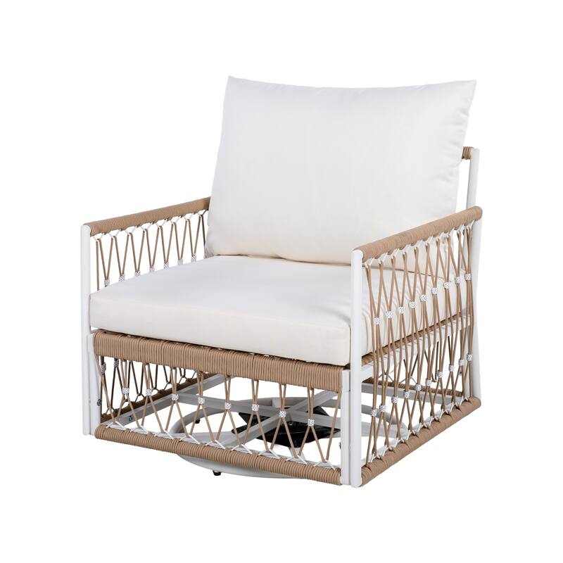 [Set of 2] 360° Swivel Bohemian Outdoor Lounge Chair with Handwoven Rope & Powder-Coated Steel Frame, Waterproof Cushions