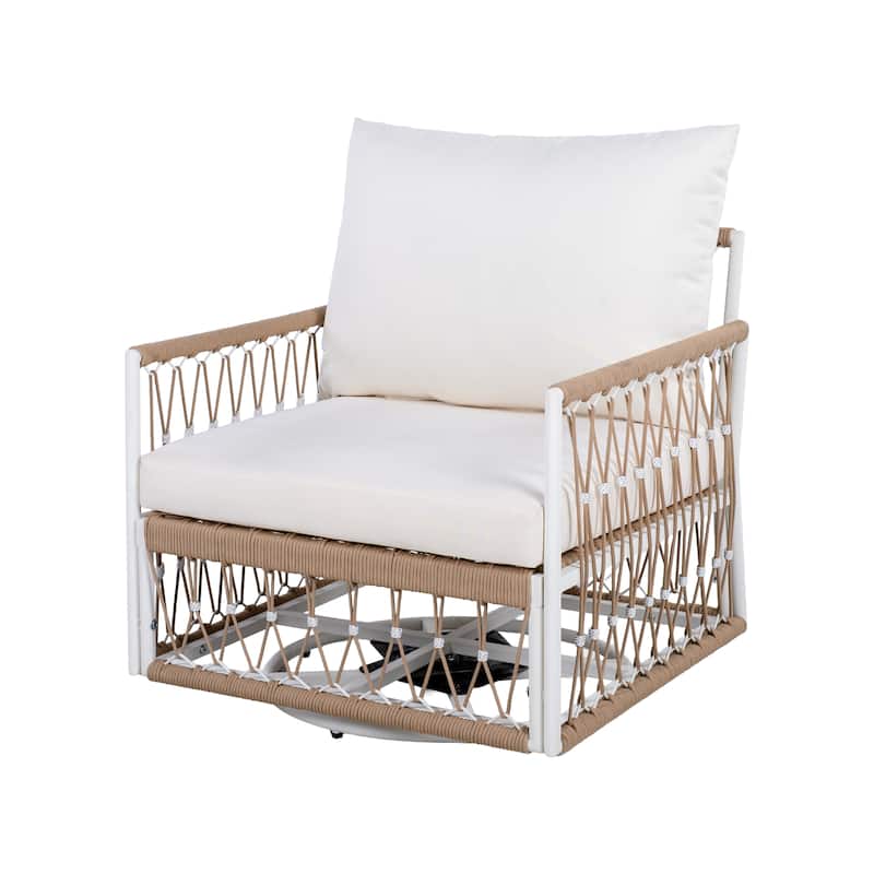 Roomfitters Set of 2 Outdoor Swivel Lounge Chairs, 360° Wicker Patio Chairs with Handwoven Rope, Beige+Natural