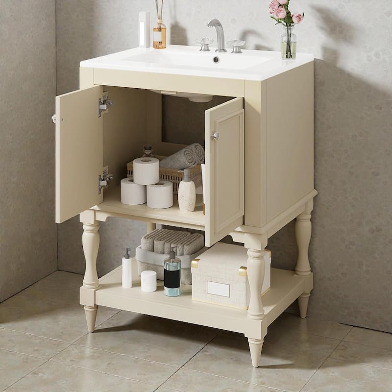 24" Modern Luxury Bathroom Vanity with Ceramic Sink, Freestanding Cabinet with Open Shelf and Enclosed Storage