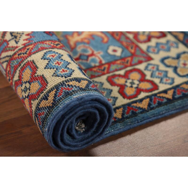 Blue Geometric Kazak Foyer Rug Hand-Knotted Wool Carpet - 2'10" x 3'11"