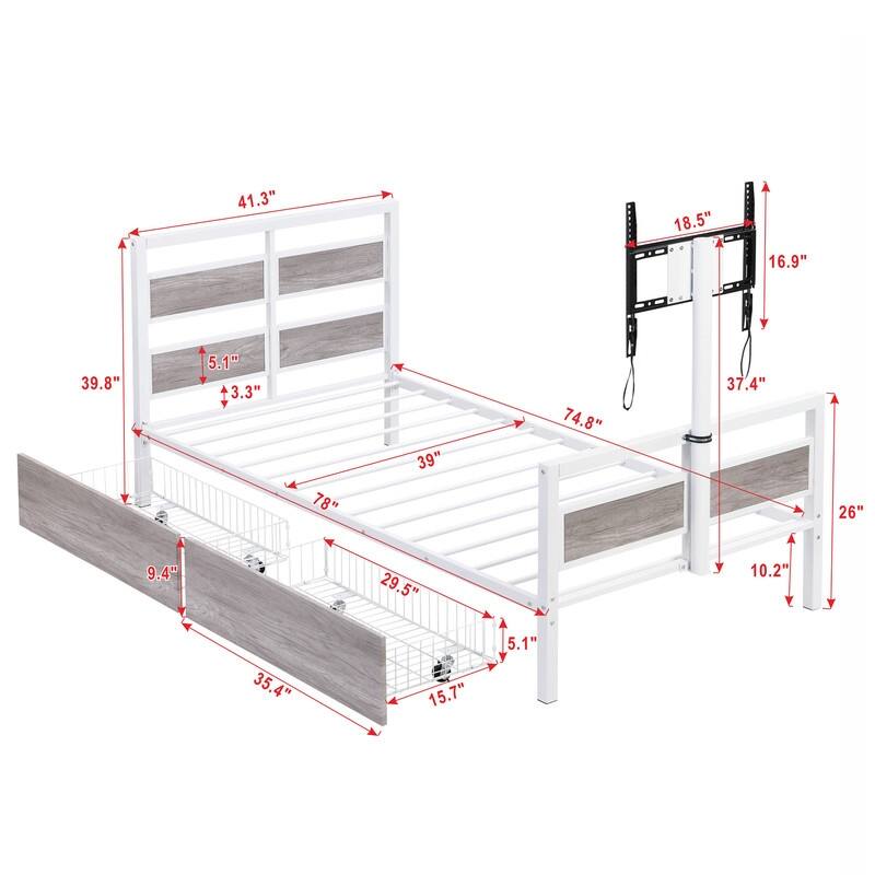 Metal Twin Size Platform Bed with 2 Drawers and Rotatable TV Stand
