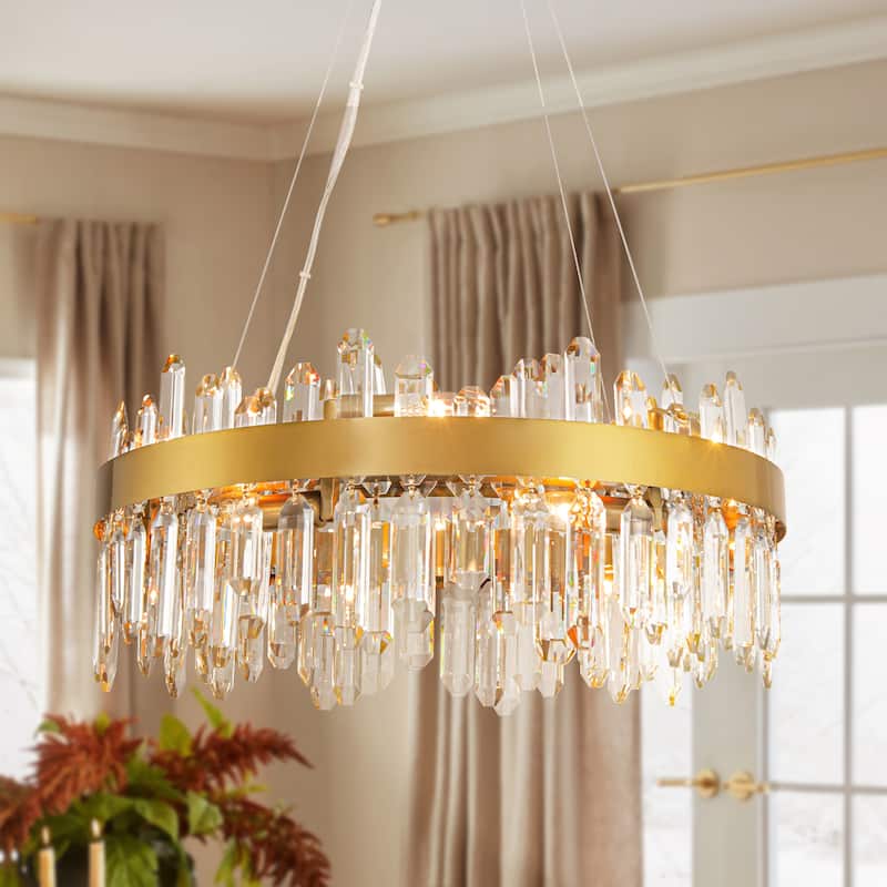 23.6" 12-Light Modern Luxury Gold Dual-Tier Fixture with Crystal Ice Peak Rods, E12 Dimmable for Dining Room - 23.6 in. W x 9.6 in. H x 23.6 in. D - Clear/Gold