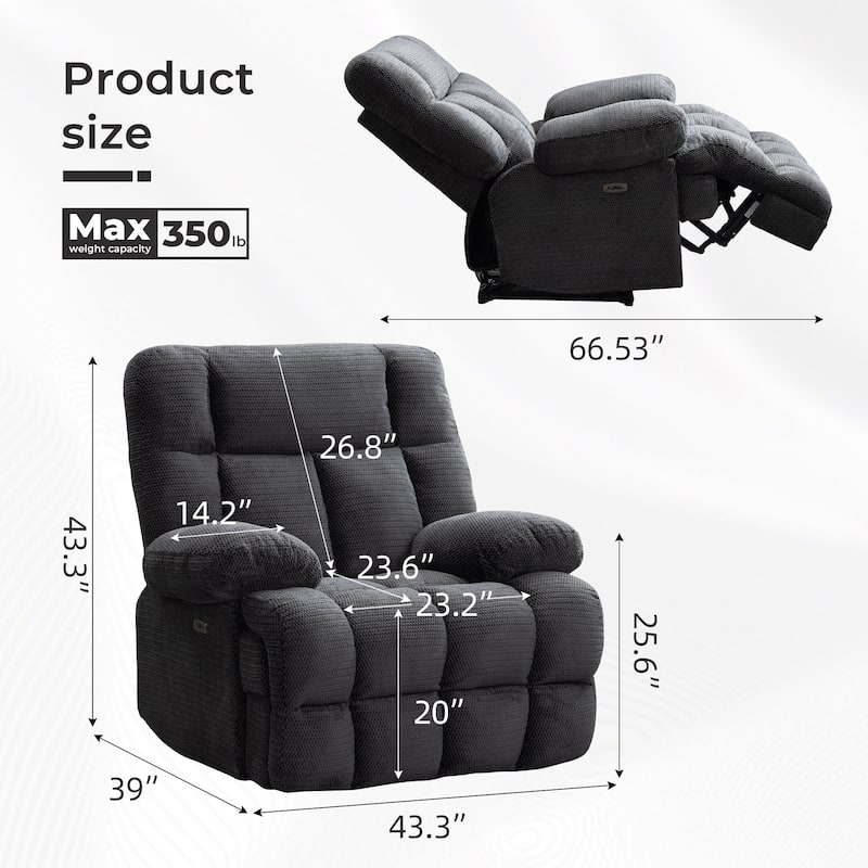 Power Oversized Recliner Zero Gravity Big Man Extra Large Recliner Chair for Living Room with USB Port 24" Wide Seat,Gray