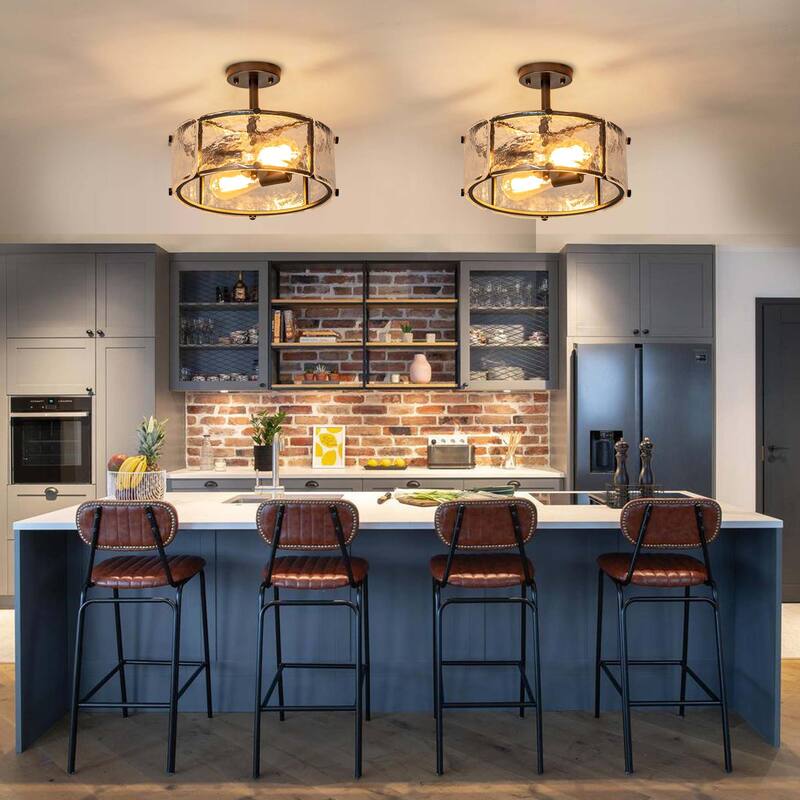 Starsky 2-Light 13in. Modern Caged Drum Semi Flush Mount with Textured Glass Shade