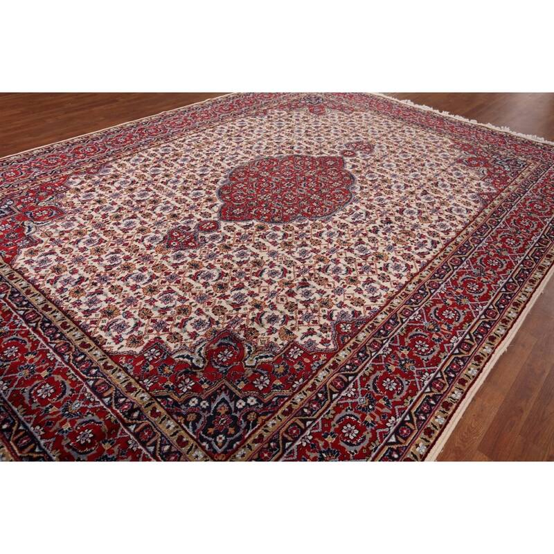Ivory & Red Floral Kashan Turkish Area Rug Machine Made Carpet - 9'8" x 13'0"