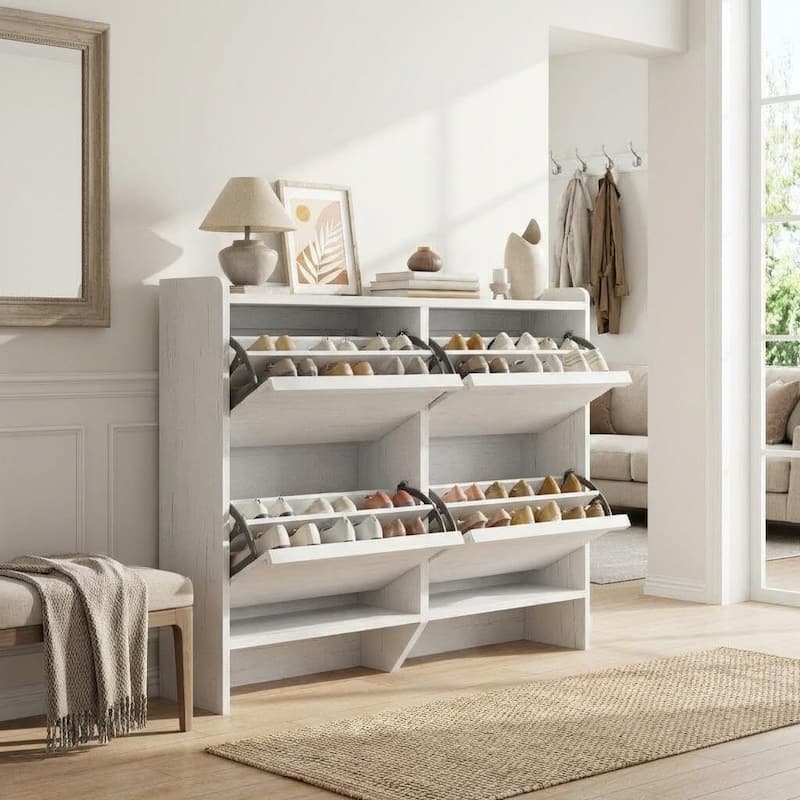 Narrow Shoe Cabinet Organizer with 4 Flip Drawers for Entryway, Hallway, Living Room - White