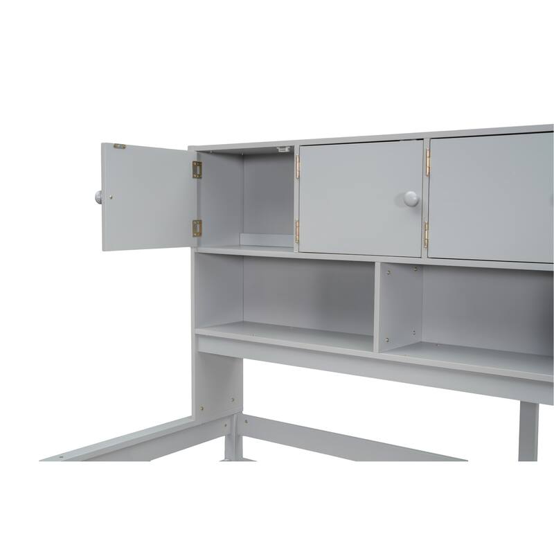 Full Size Wooden Loft Bed with Integrated Wardrobe, Under-bed Desk, and Shelves