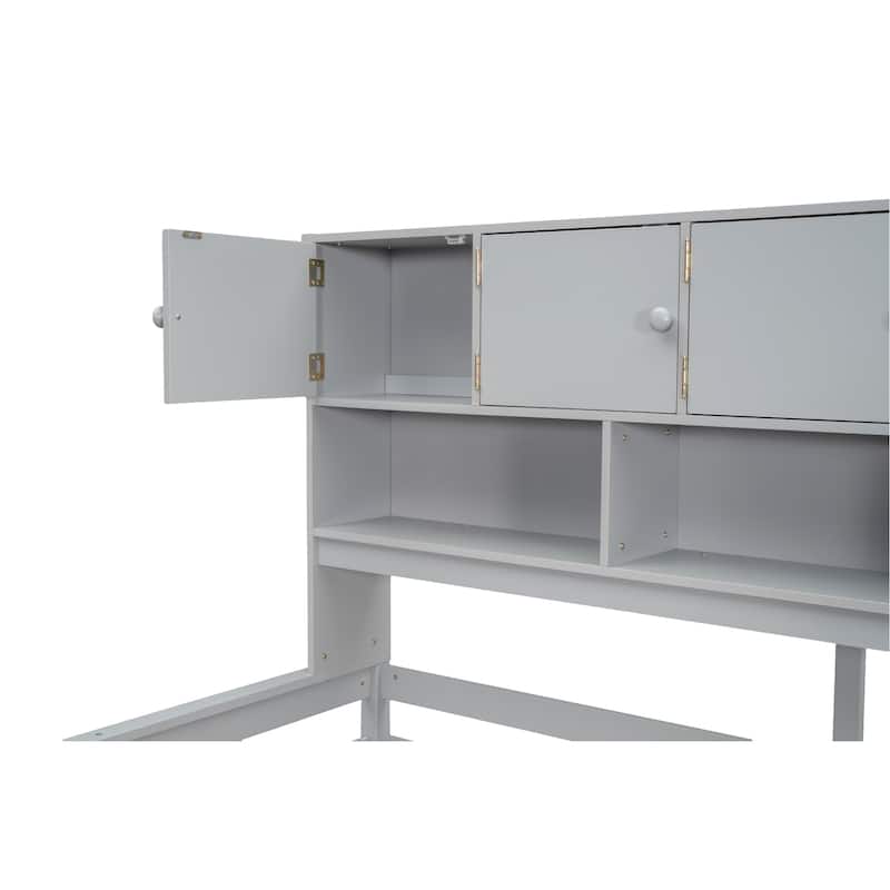 Wooden Loft Bed with Integrated Wardrobe, Under-bed Desk, Drawers, with Shelves