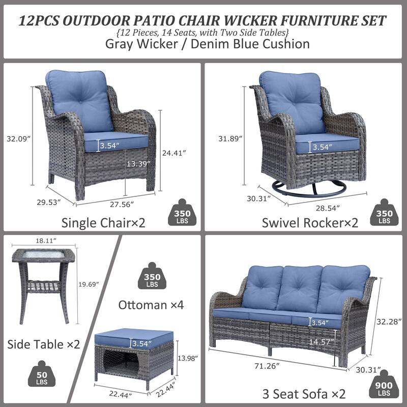 Gray Wicker Outdoor Patio Furniture Set with Swivel Rocker Patio Chairs