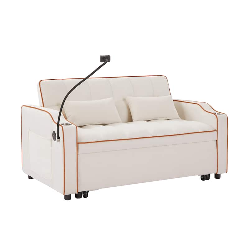 Versatile Foldable Sofa Bed in Beige, Solid Wood+MDF+Resin, Adjustable Back, USB Port & Phone Stand