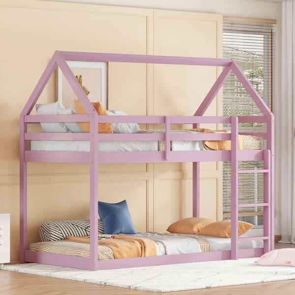 slide 2 of 7, Pink Twin over Twin House-Shaped Bunk Bed with Ladder, Guardrails, and Low Height Design Pink - Twin