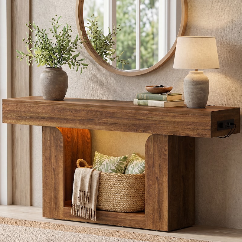 63'' W Farmhouse Console Table with Chaging Station, Thick Sofa/ Entryway Table with Storage Shlef - Brown Oak