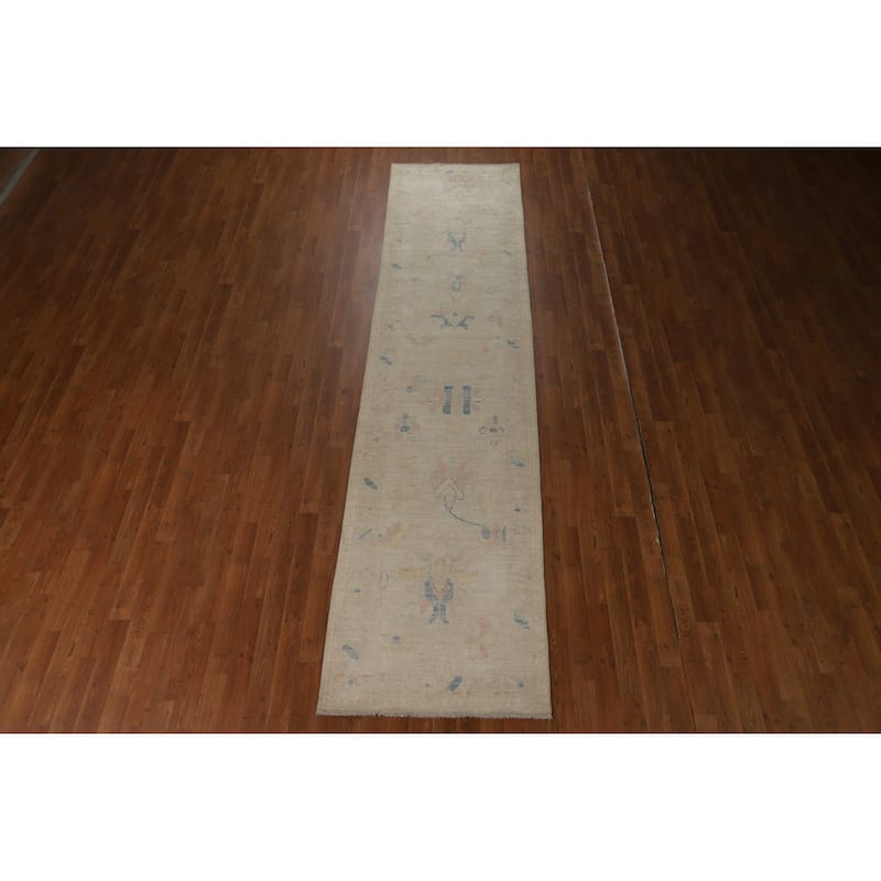 Hand Knotted Oriental 100% Wool Carpet Transitional Floral Beige & Ivories Oushak Runner Rug - 11' 9'' X 2' 9''