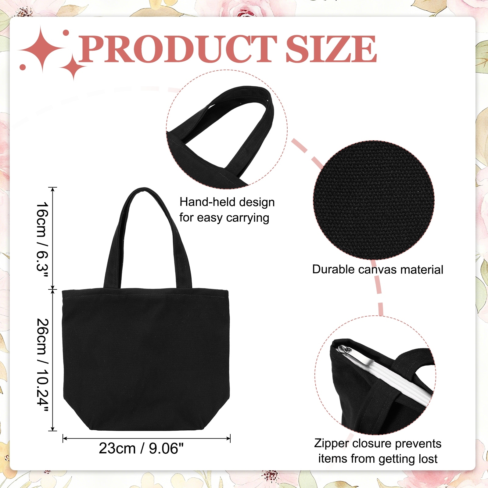 Canvas Tote Bag with Zipper Closure, Grocery Shopping Bag with Handles, Cute Handbags for Birthday Gifts DIY