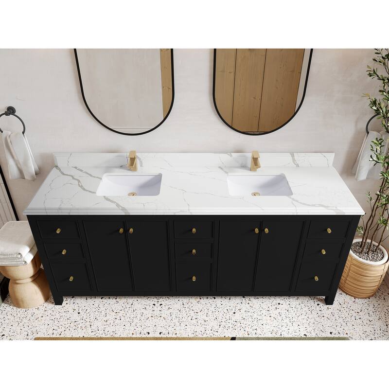 Willow Collections 84 in. W x 22 in. D Chicago Double Bowl Sink Bathroom Vanity with Countertop - 1.5"Calacatta - Black