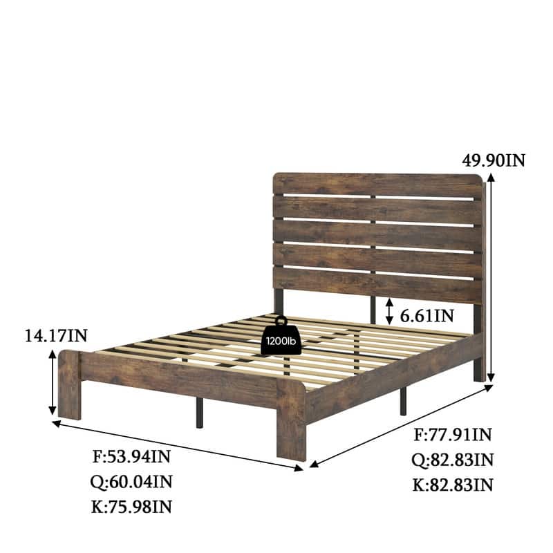 Rustic Farmhouse Dark Brown Queen Size Wood Platform Bed Frame for Bedroom