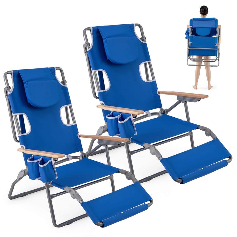 Costway 1/2 PCS 3-IN-1 Foldable Beach Chair with Face Hole, Footrest, - Navy-2 PCS