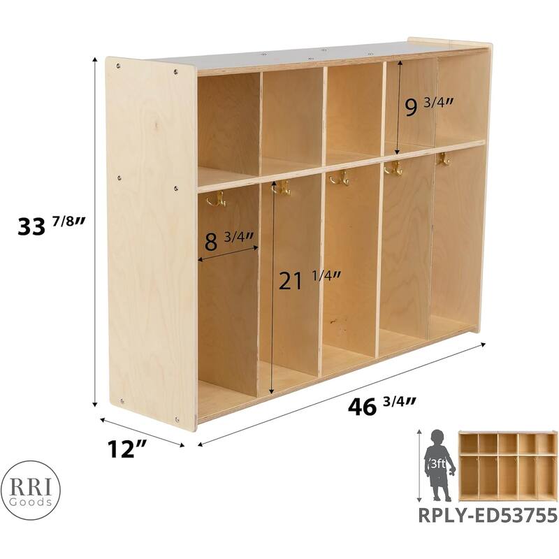 RRI Goods 5 Section Birch Plywood Daycare Cubby Coat Locker with Storage, Wooden Backpack Organizer with Hooks