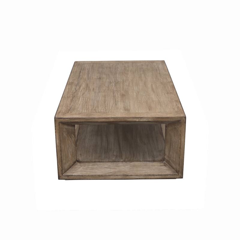 Limy Coffee Table, 54 Inch Rectangular Top, Shelf, Antique Brown Wood