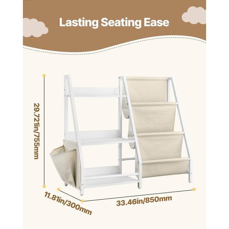 White-Beige Kids Bookshelf and Toy Storage Organizer with 7 Compartments - 33.46 x 11.81 x 29.72 in
