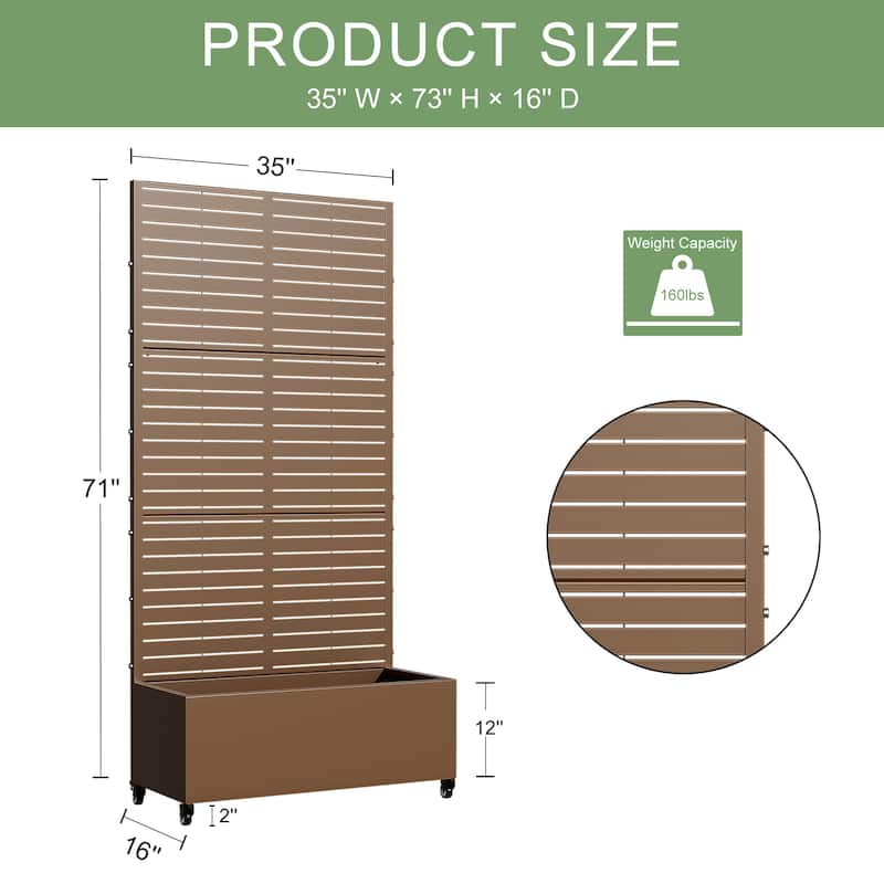 Metal Movable Planter Box with Trellis Privacy Screen Planter Box with Lockable Wheels - 72"x35"