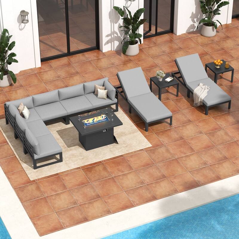 11-Piece Luxury Aluminum Outdoor Furniture Set with Chaise Lounge & Fire Pit Table, 29" Deep Seating Aluminum Patio Sectional - Light Gray - Gray Frame