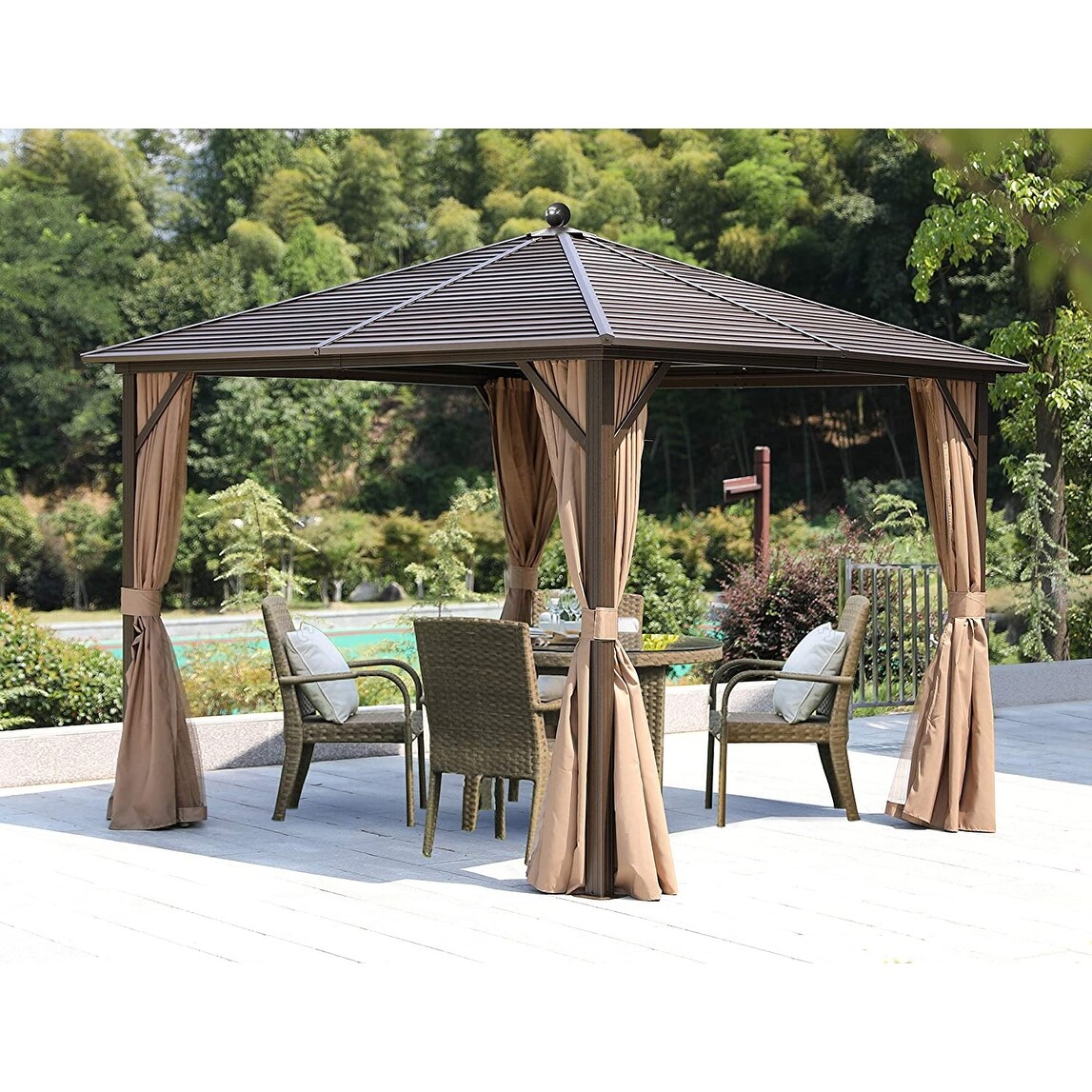 Shop 10x13ft Outdoor Double Roof Hardtop Gazebo Canopy Aluminum Furniture Pergolas With Netting And Curtains Brown Overstock 31426914