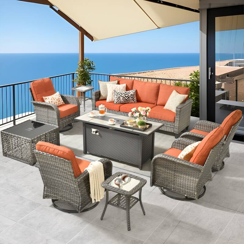 HOOOWOOO 9-piece Grey Wicker Outdoor Fire pit Set with Swivel Chairs - Red/Orange