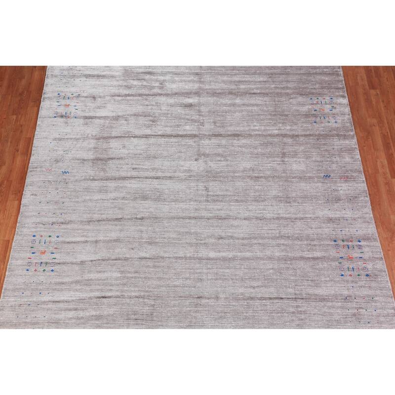 Hand Knotted Oriental Viscose Silk Carpet Tribal Stripe Greys & Charcoal Gabbeh Area Rug - 12' 0'' X 9' 2''