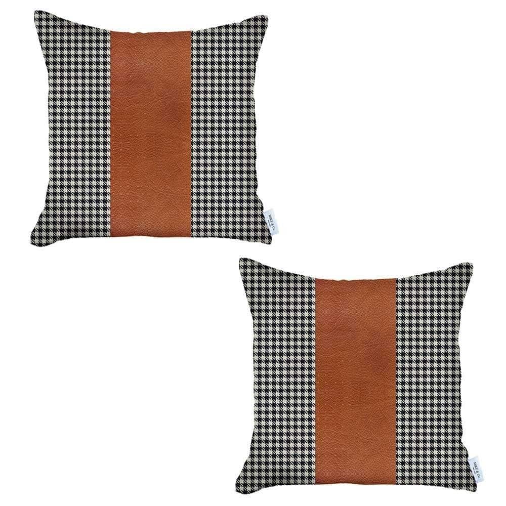 HomeRoots Set Of Two 18" X 18" Black And Brown Houndstooth Zippered Handmade Polyester Throw Pillow
