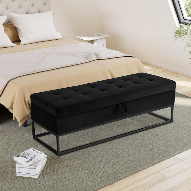Modern Velvet Upholstered Storage Bench with Flip-Up Seat Top - Black