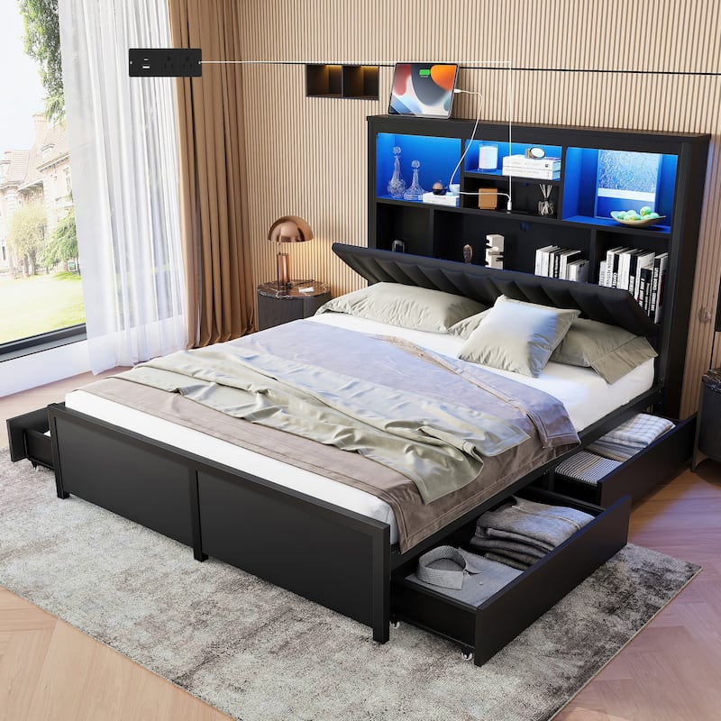 King/Queen Storage Bed with LED Headboard, Charging Station & 4 Drawers - Black - King
